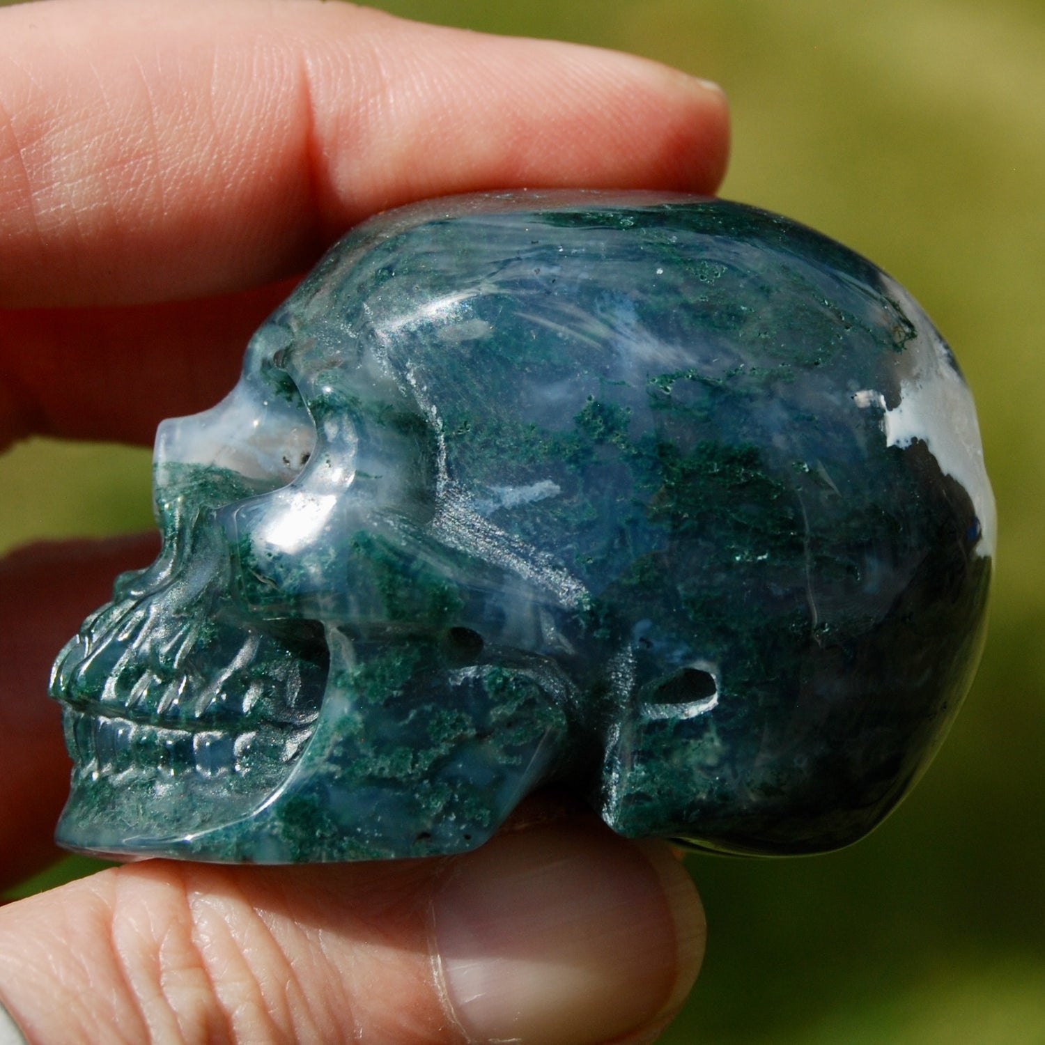 Gemmy Moss Agate Crystal Skull Realistic Gemstone Carving