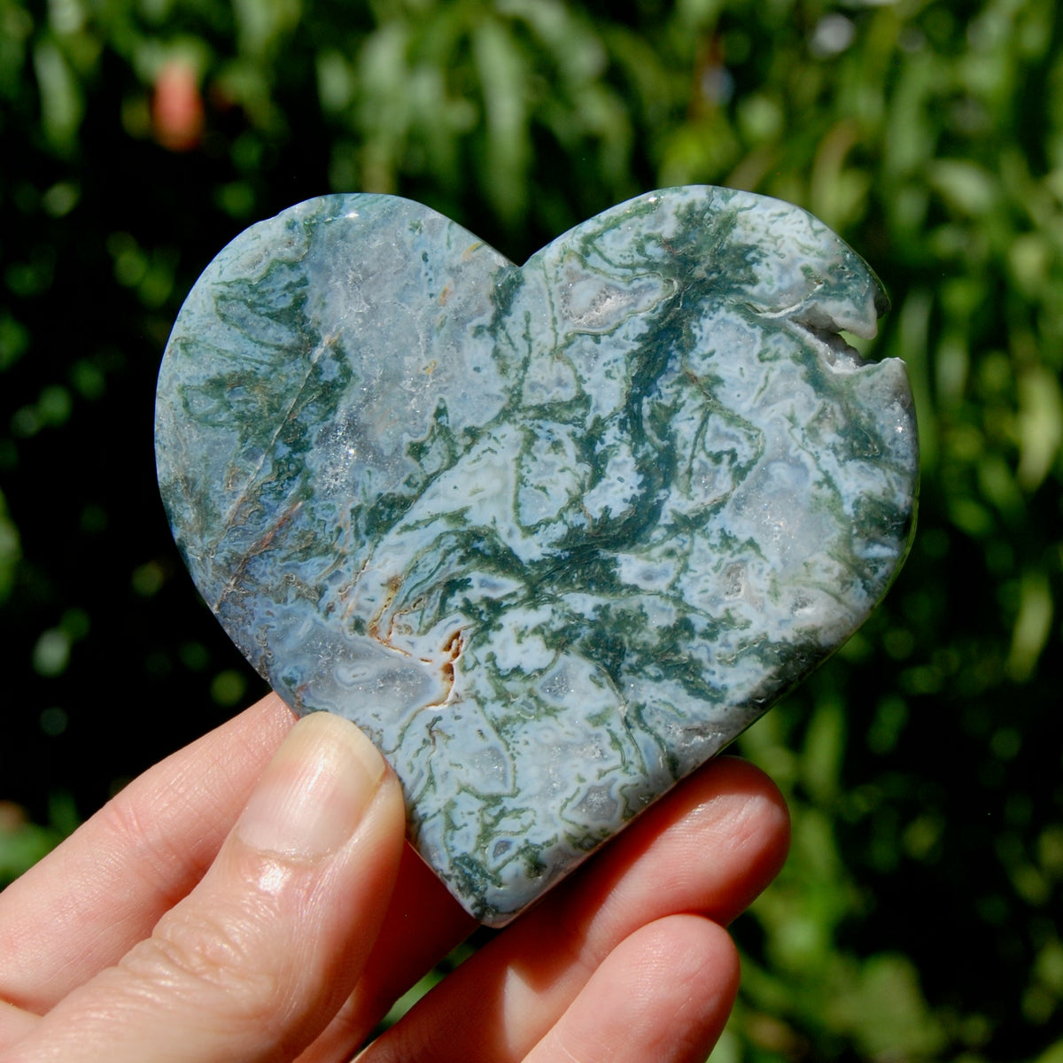 Moss Agate Crystal Heart Palm Stone