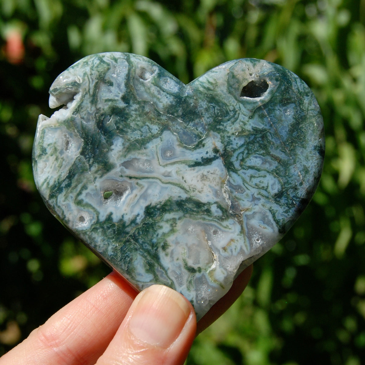 Moss Agate Crystal Heart Palm Stone