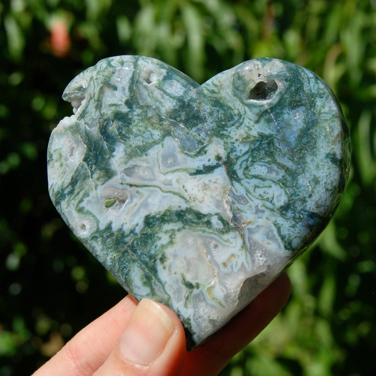 Moss Agate Crystal Heart Palm Stone
