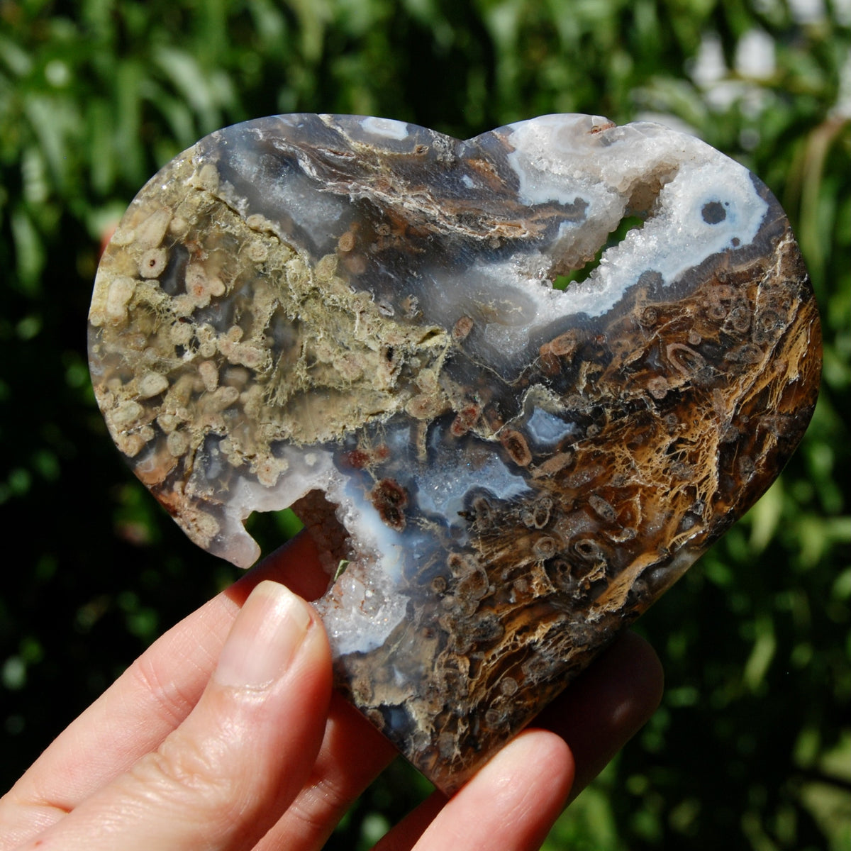 Moss Agate Crystal Heart Palm Stone