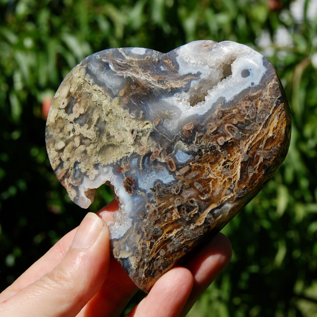 Moss Agate Crystal Heart Palm Stone