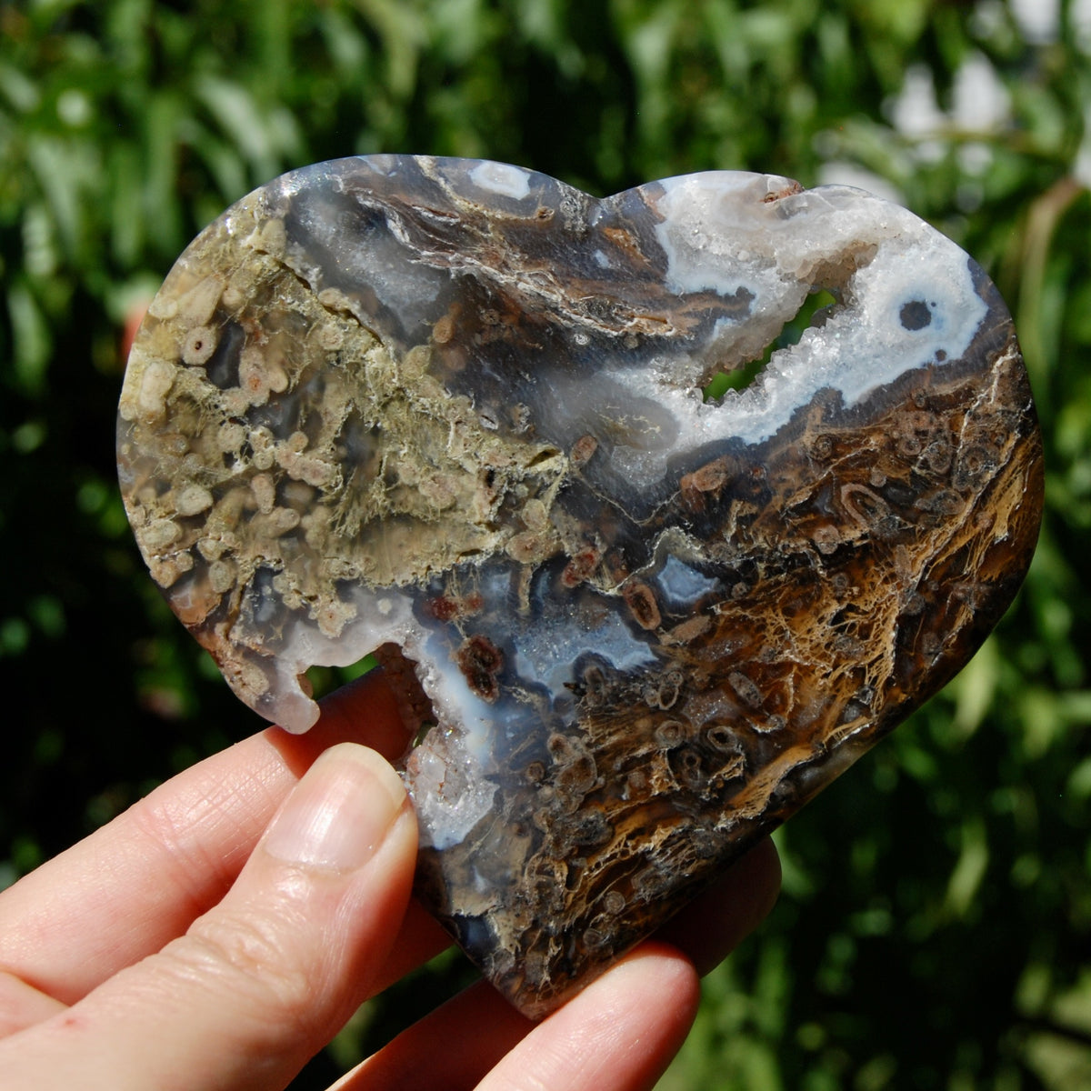 Moss Agate Crystal Heart Palm Stone
