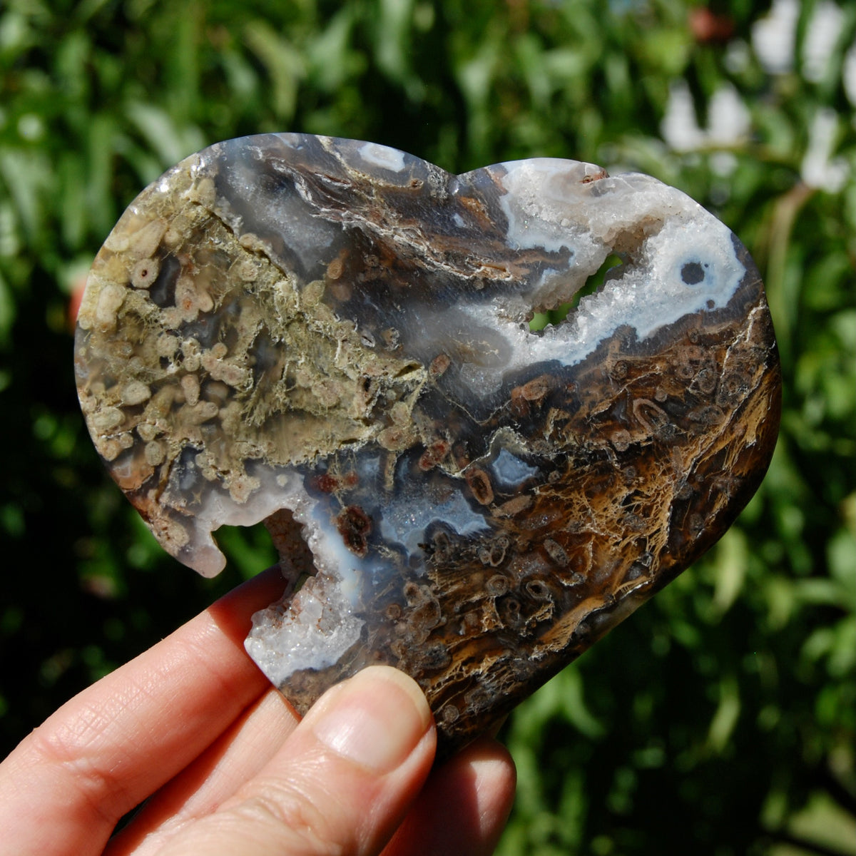 Moss Agate Crystal Heart Palm Stone