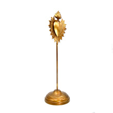 Load image into Gallery viewer, Sacred Heart Ex Voto Locket on Stand, Antiqued Gold Flaming Heart Milagro
