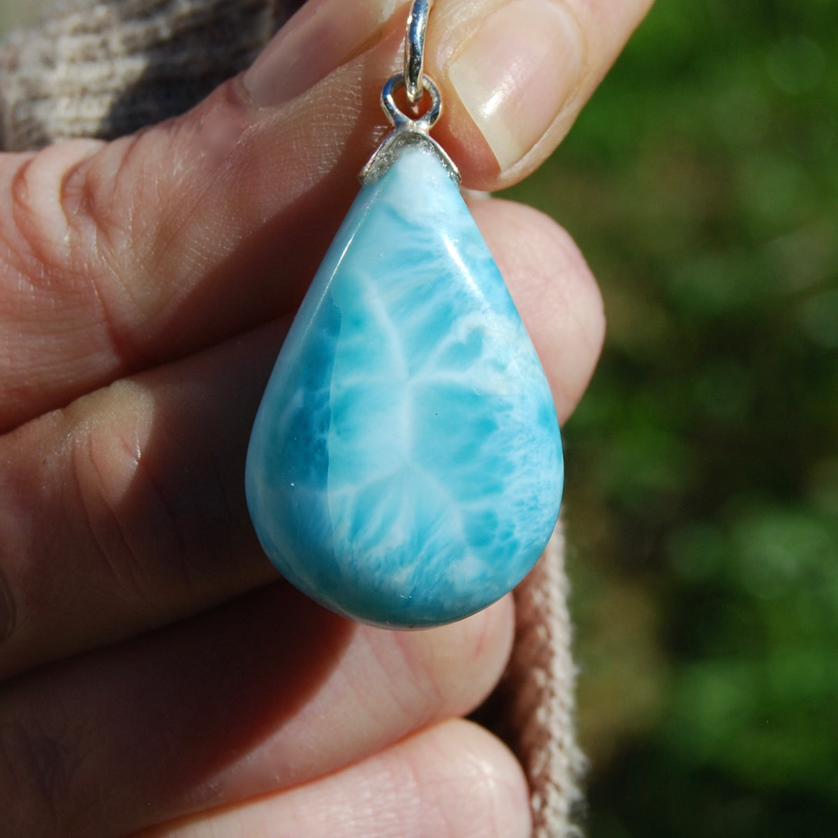 Outlets A Grade Large Larimar Necklace Pendant, Wire Wrapped Crystal Necklace, Aquamatine Color Gemstone Jewelry, Natural Dominican Republic Stone