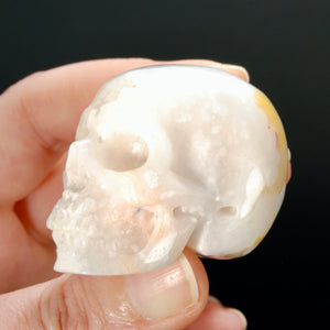 2in Sakura Flower Agate Carved Crystal Skull, Realistic Peach White Flower Agate Skull Carving