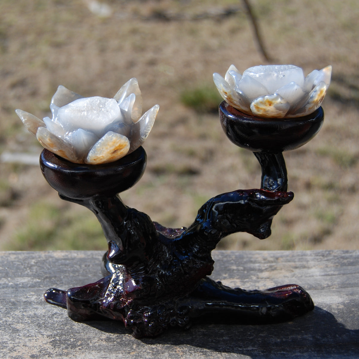Agate Geode Lotus Flower Pair Hand Carved Crystal with Burl Stand