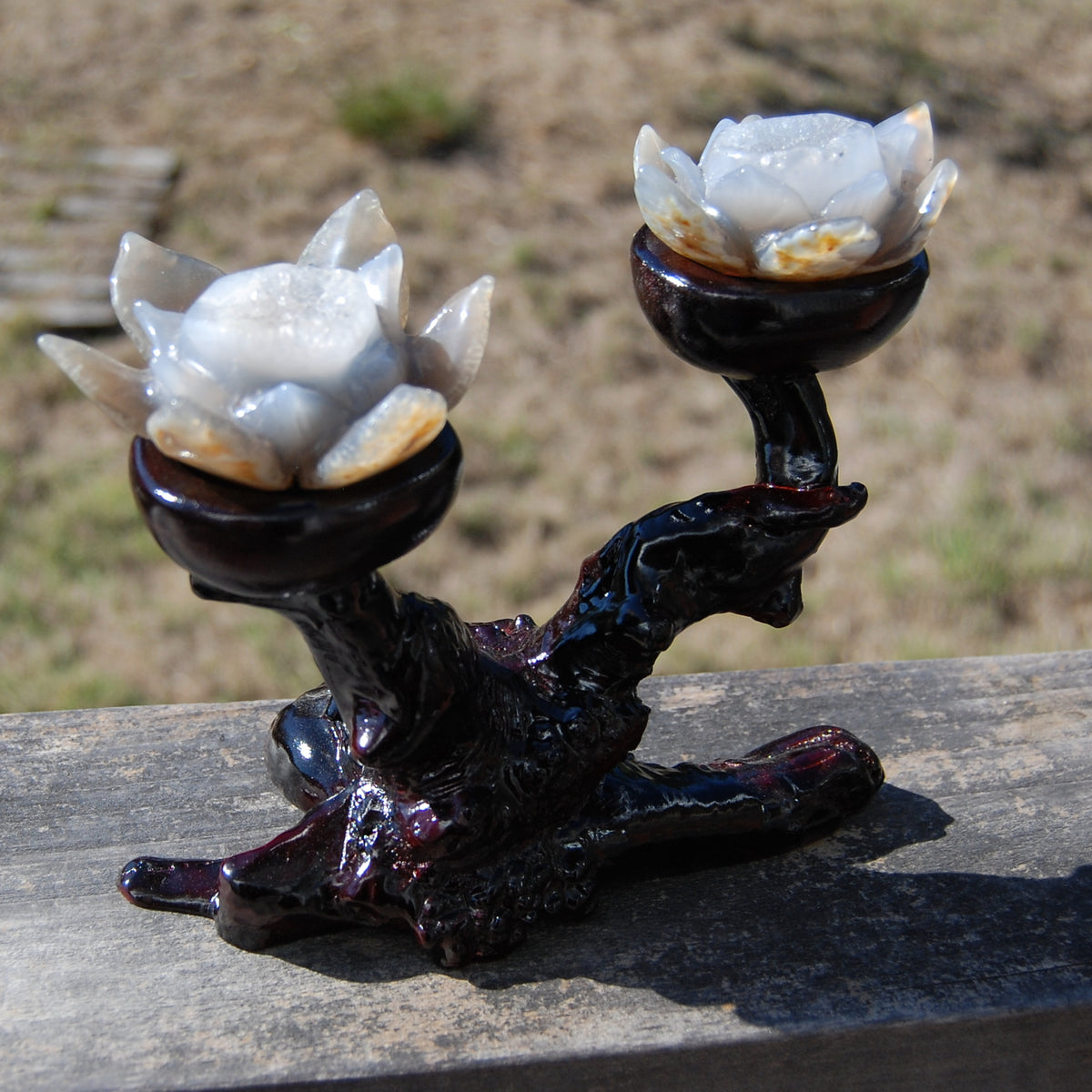 Agate Geode Lotus Flower Pair Hand Carved Crystal with Burl Stand