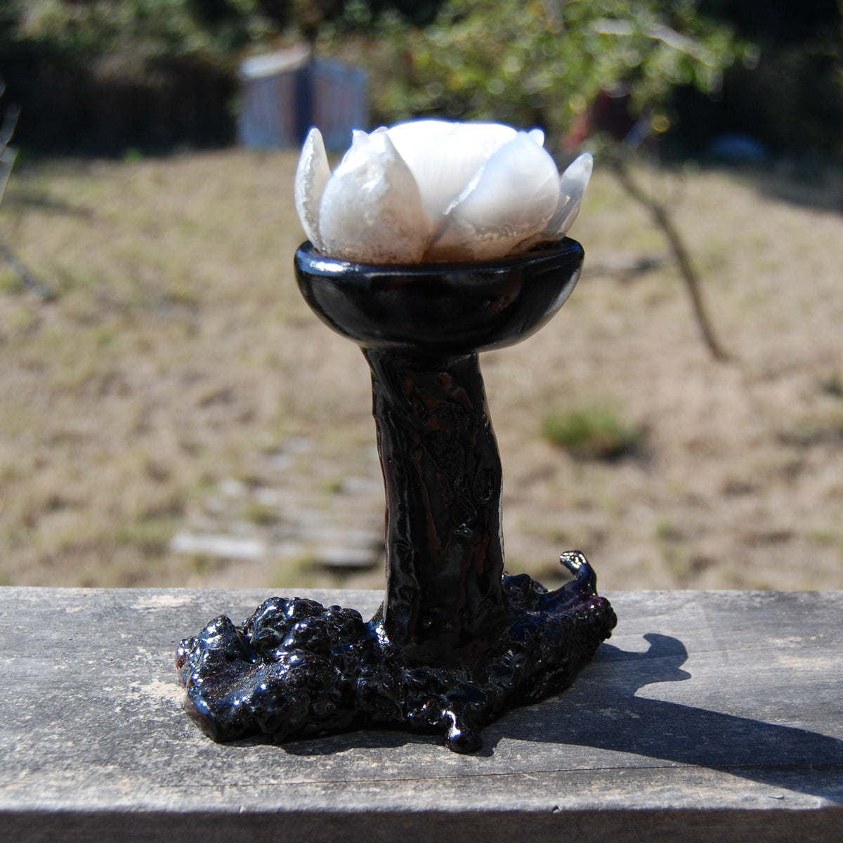 Agate Geode Lotus Flower Hand Carved Crystal with Burl Stand