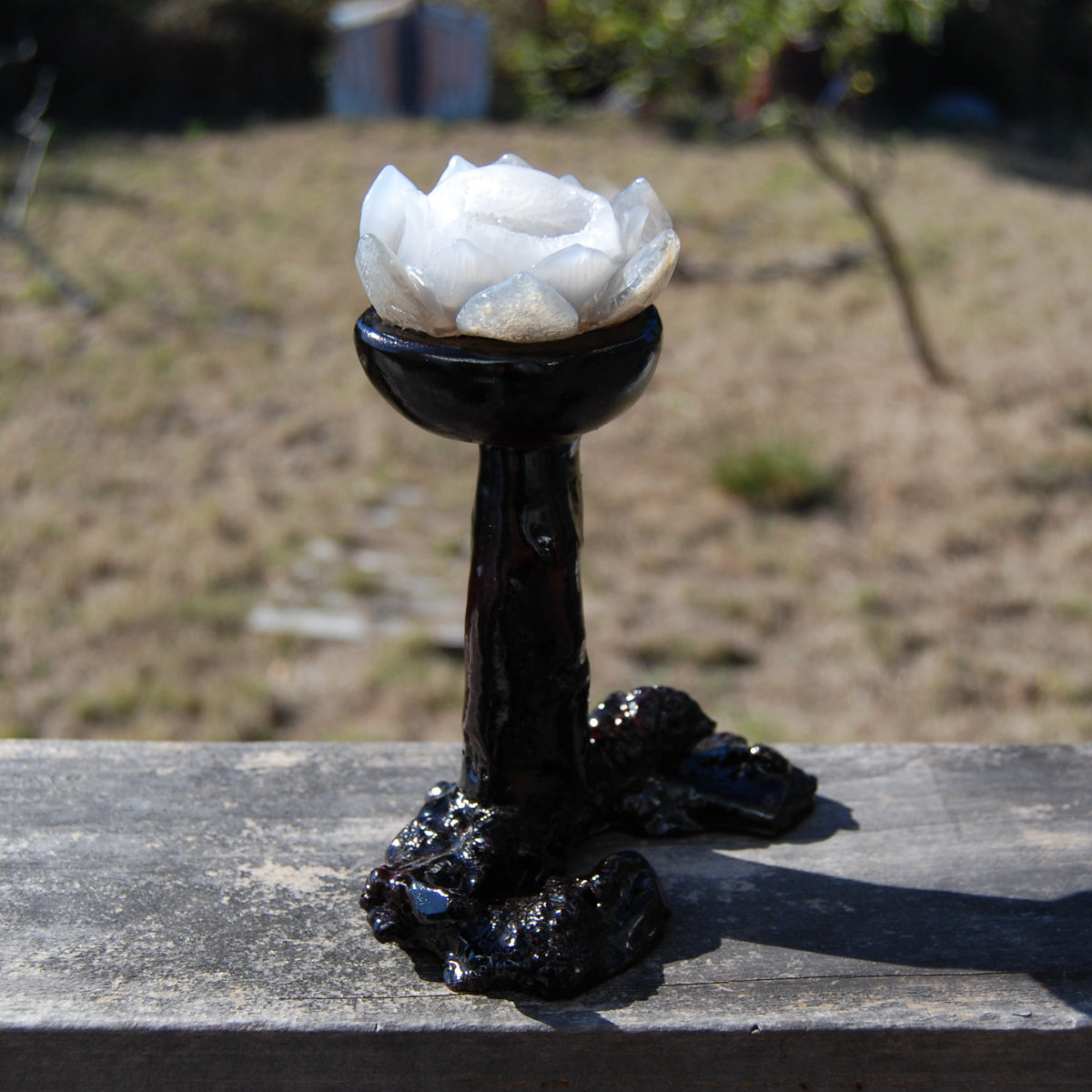 Agate Geode Lotus Flower Hand Carved Crystal with Burl Stand