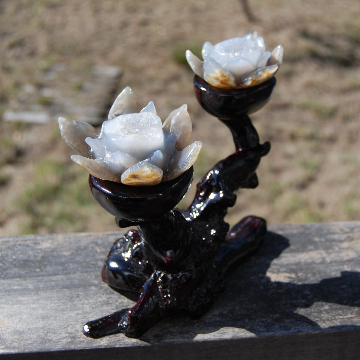 Agate Geode Lotus Flower Pair Hand Carved Crystal with Burl Stand