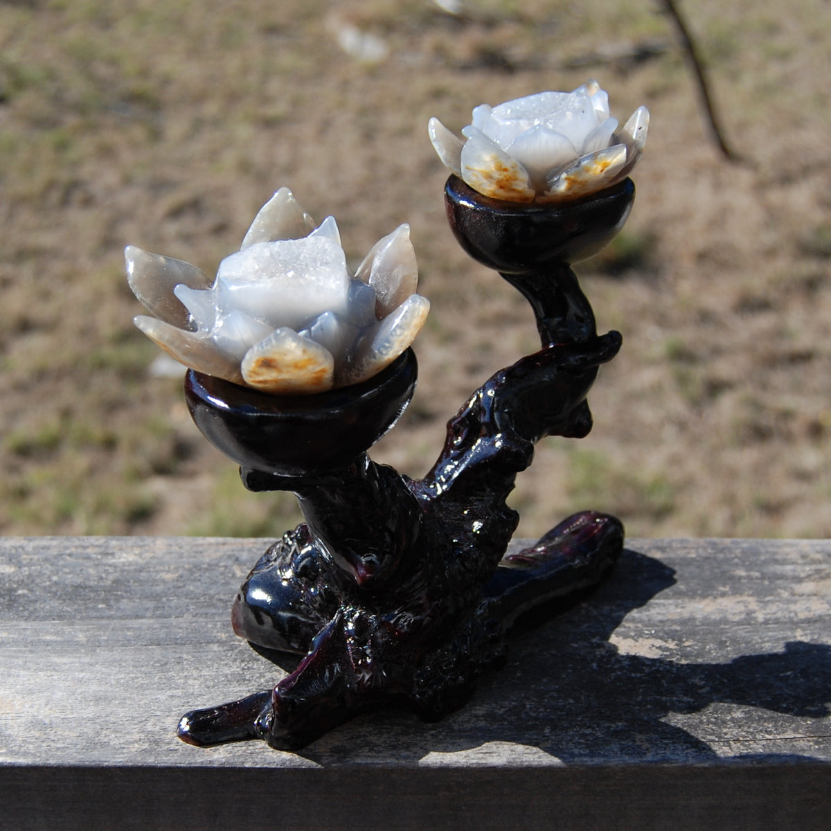Agate Geode Lotus Flower Pair Hand Carved Crystal with Burl Stand