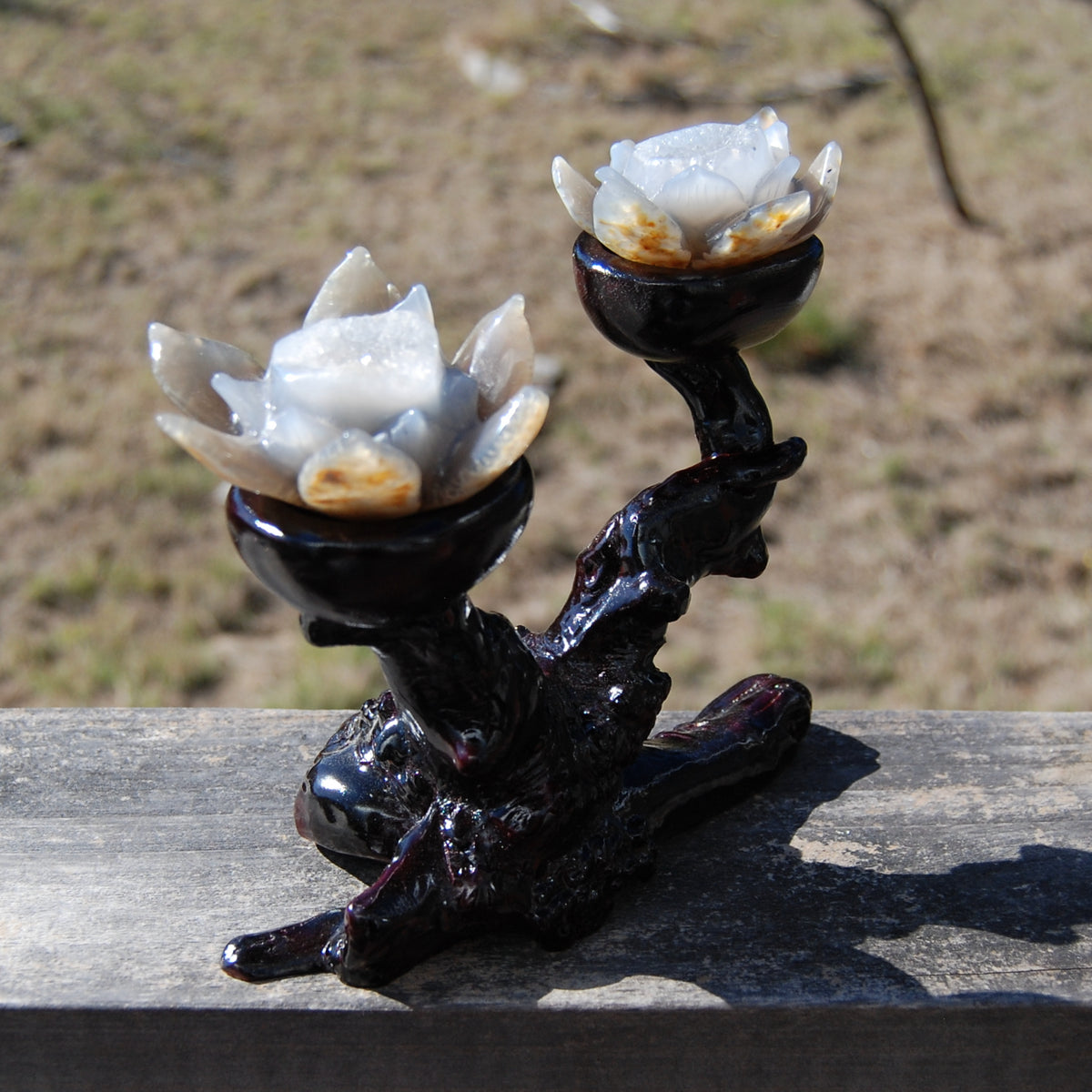 Agate Geode Lotus Flower Pair Hand Carved Crystal with Burl Stand