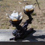 Agate Geode Lotus Flower Pair Hand Carved Crystal with Burl Stand
