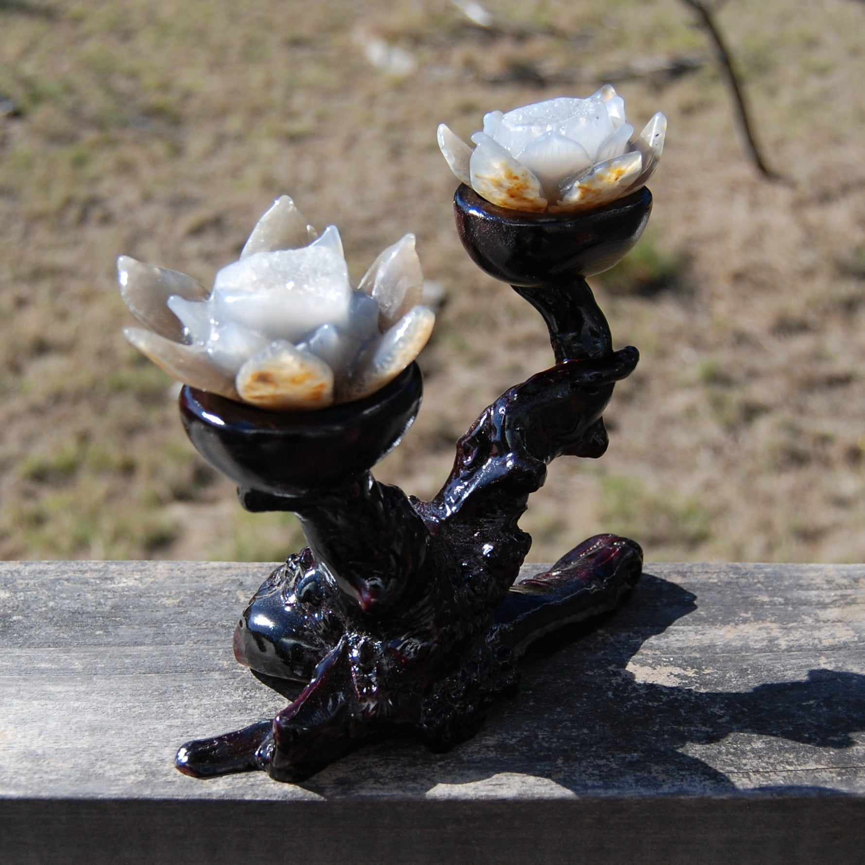 Agate Geode Lotus Flower Pair Hand Carved Crystal with Burl Stand