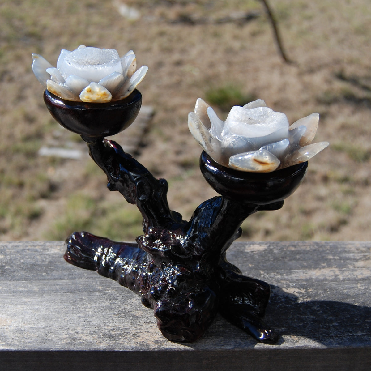 Agate Geode Lotus Flower Pair Hand Carved Crystal with Burl Stand