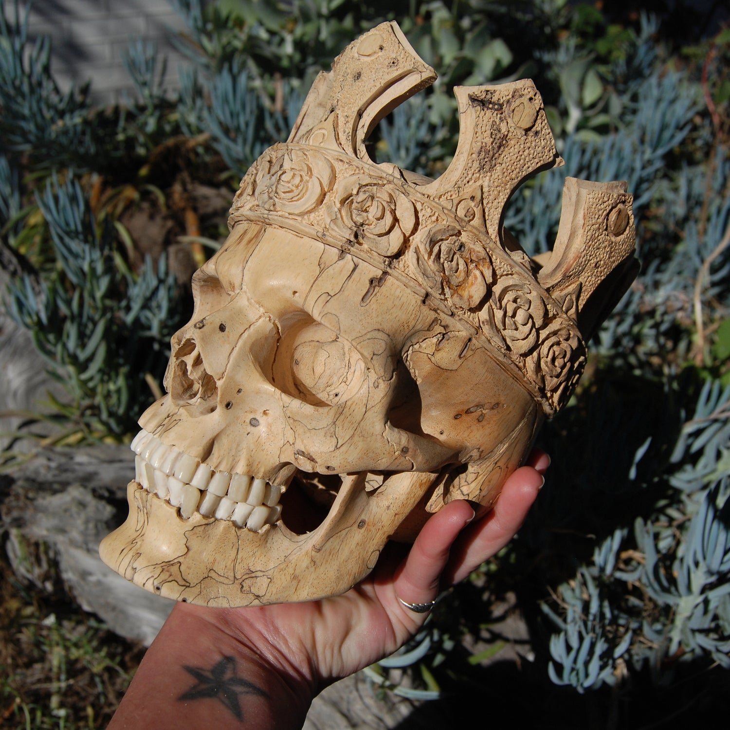 Carved Human Skull with Crown in Wood with Bone Teeth