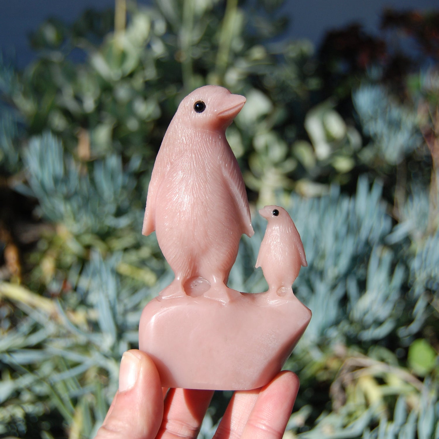 Pink "Opal" Soapstone Penguin and Baby Crystal Carving