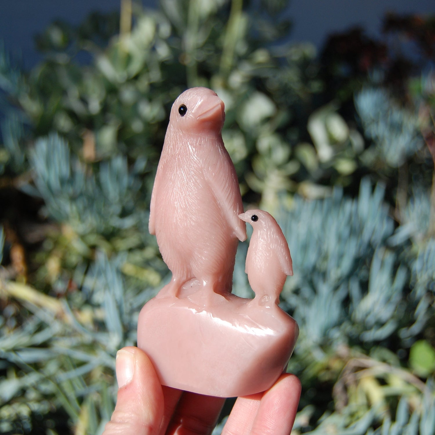 Pink "Opal" Soapstone Penguin and Baby Crystal Carving