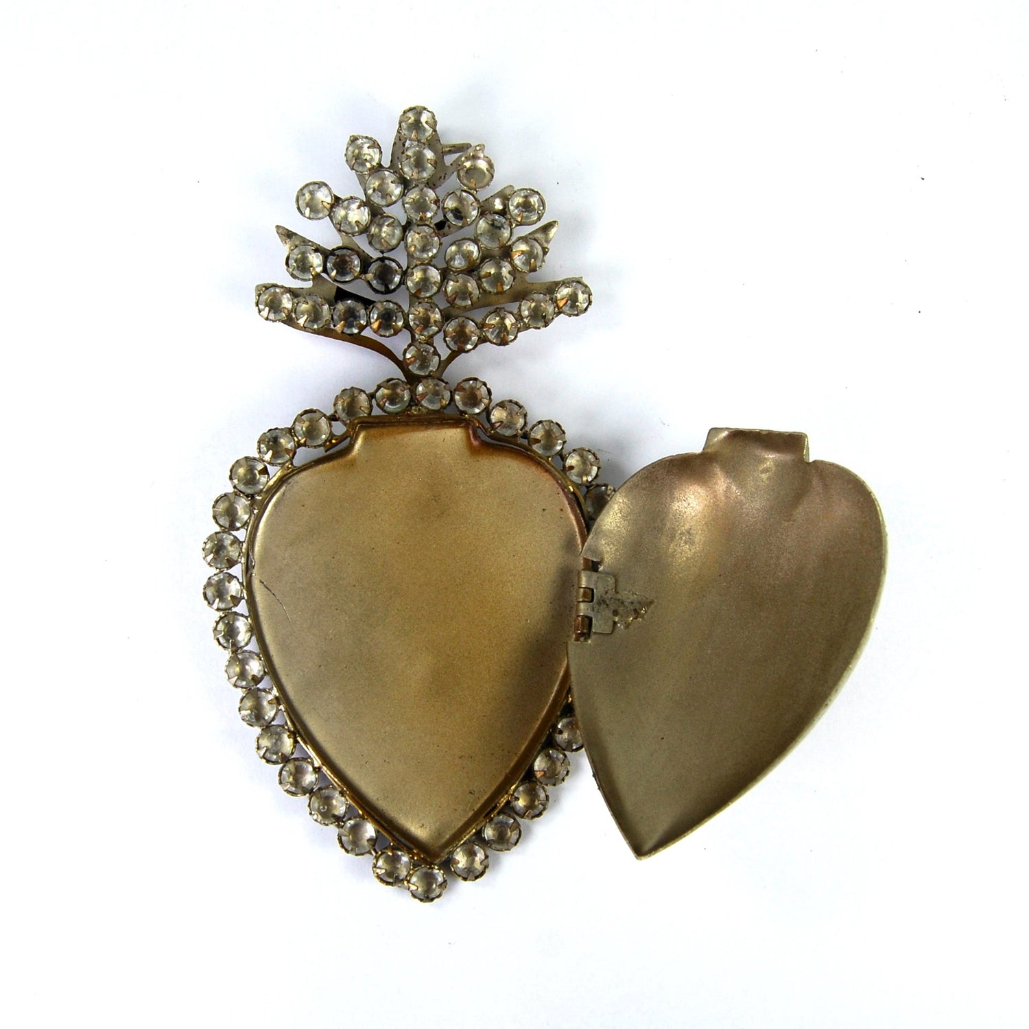 Jeweled Sacred Heart Ex Voto Milagro Locket Silver Rhinestone Ornament