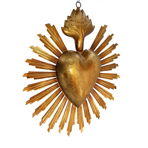 Sacred Heart Ex Voto with Sunray Halo, Antiqued Brass 