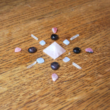 Load image into Gallery viewer, Mini Crystal Grid Kit to Attract Love or Enhance Current Relationship Blue Lace Agate Almandine Garnet Rhodochrosite Rose Quartz Pyramid
