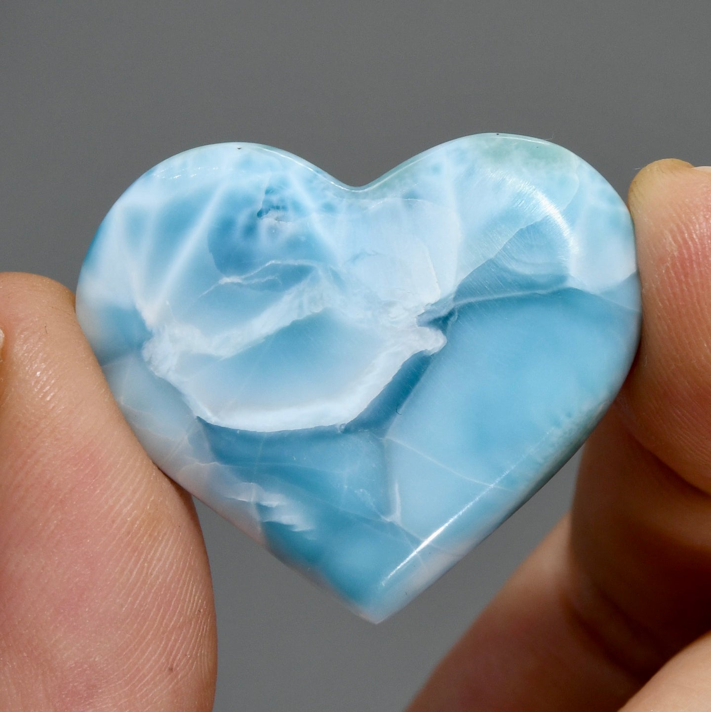 64ct 32mm Natural Larimar Crystal Puffy Heart, Blue Larimar Gemstone, Dominican Republic e7