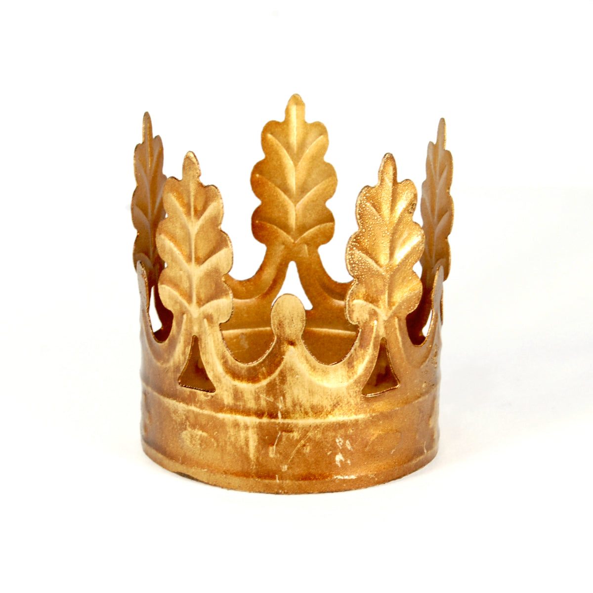 Side view of small Santos statue crown with intricate laurel leaf metalwork and aged gold patina