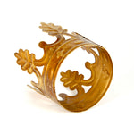 Bottom view of small Santos statue crown with intricate laurel leaf metalwork and aged gold patina