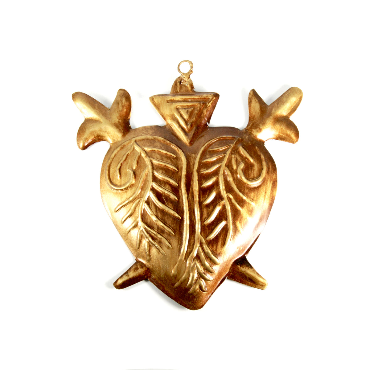 Sacred Heart ex voto milagro ornament 5.5in featuring flaming heart pierced by two swords, religious folk art
