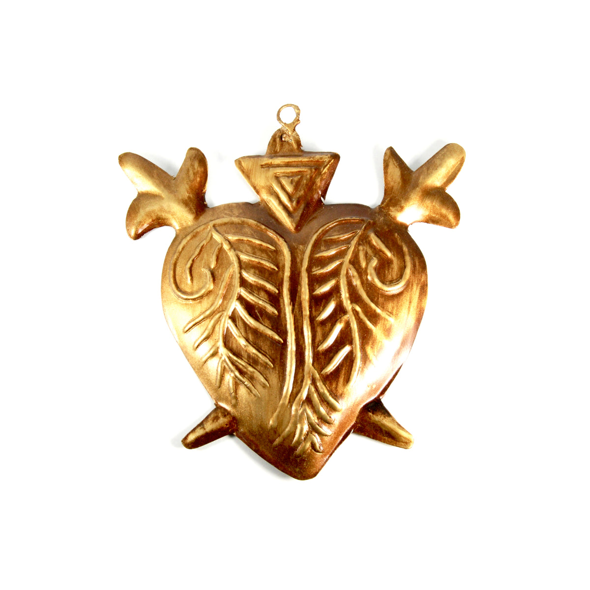 Ornate flaming Sacred Heart milagro with two crossed swords, vintage-style religious decoration