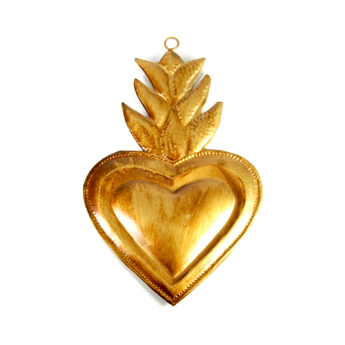 Sacred Heart ex voto milagro 6in featuring flaming Heart of Jesus and Passion of Christ religious symbolism
