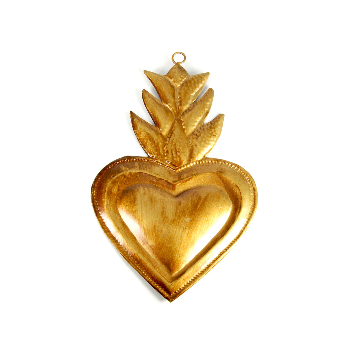 Ornate Sacred Heart of Jesus flaming heart ornament inspired by traditional Catholic devotional folk art