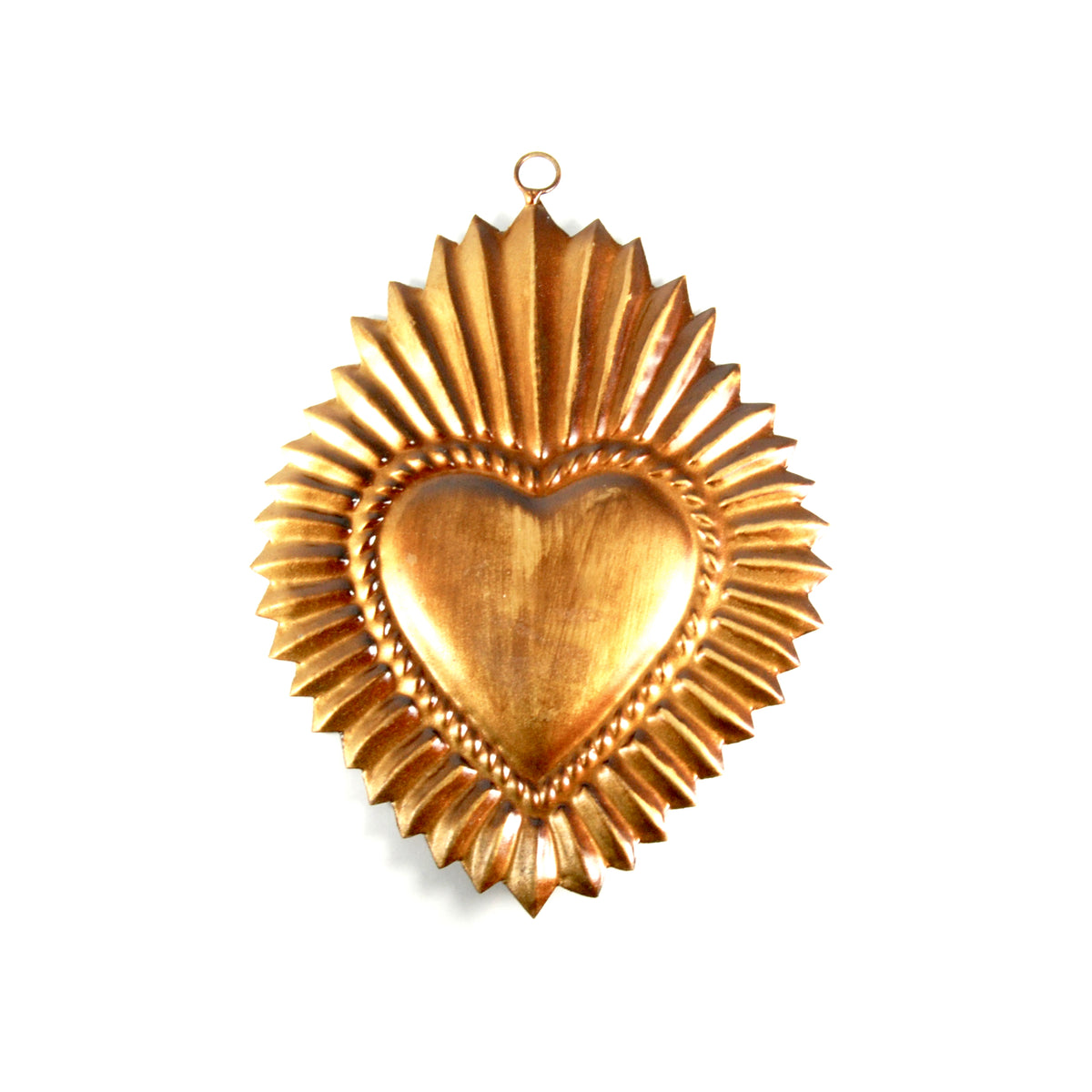 Ornate Sacred Heart of Jesus sunburst milagro featuring radiating rays of Divine light