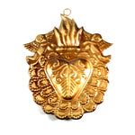 Sacred Heart ex voto milagro 5in with ornate flaming heart, radiant Divine light and angels, religious wall decor