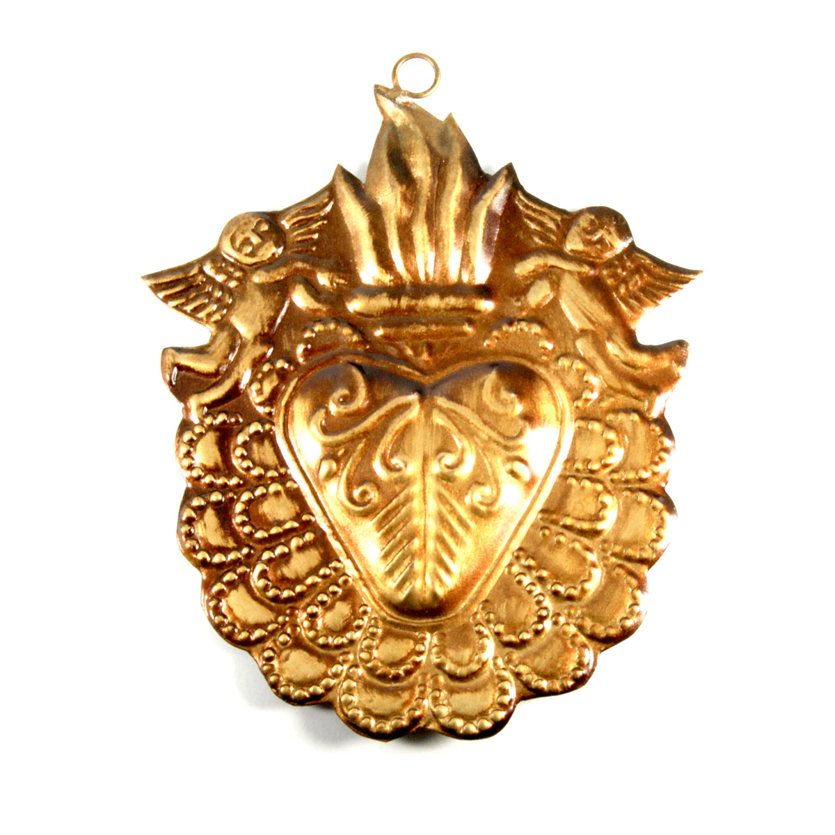 Sacred Heart ex voto milagro 5in with ornate flaming heart, radiant Divine light and angels, religious wall decor