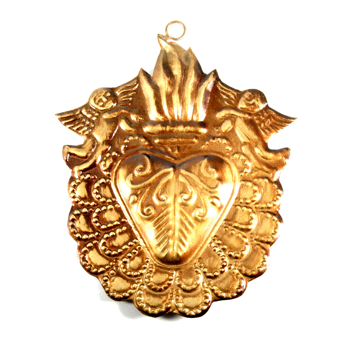 Ornate Sacred Heart of Jesus milagro featuring angel figures and radiant rays surrounding a flaming heart