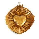 Sacred Heart ex voto milagro 6in with flaming heart and radiant starburst rays, antiqued gold religious wall decor