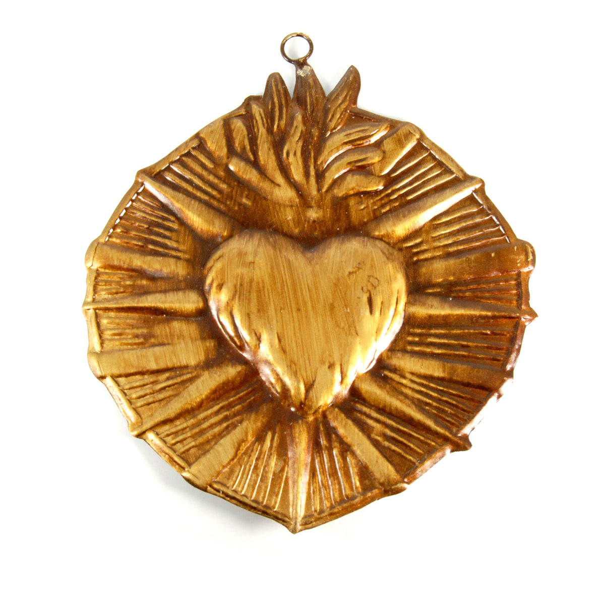 Sacred Heart ex voto milagro 6in with flaming heart and radiant starburst rays, antiqued gold religious wall decor