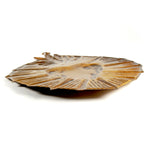 Side view of pressed metal Sacred Heart ex voto ornament with distressed antiqued gold finish