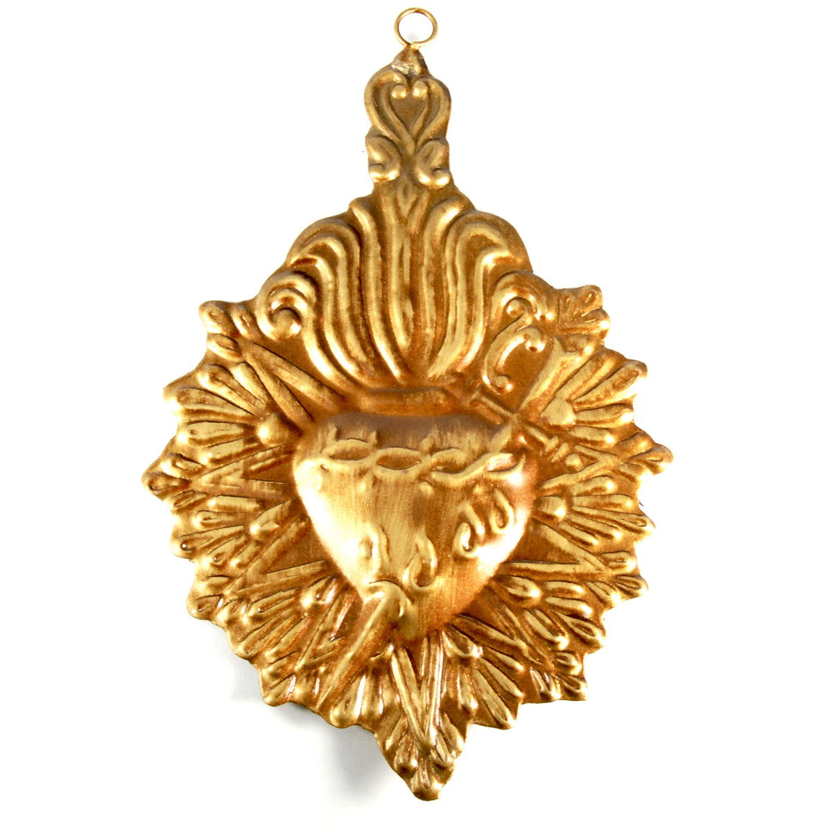 Ornate Sacred Heart milagro featuring a sword piercing a heart encircled by thorns and rays of Divine light