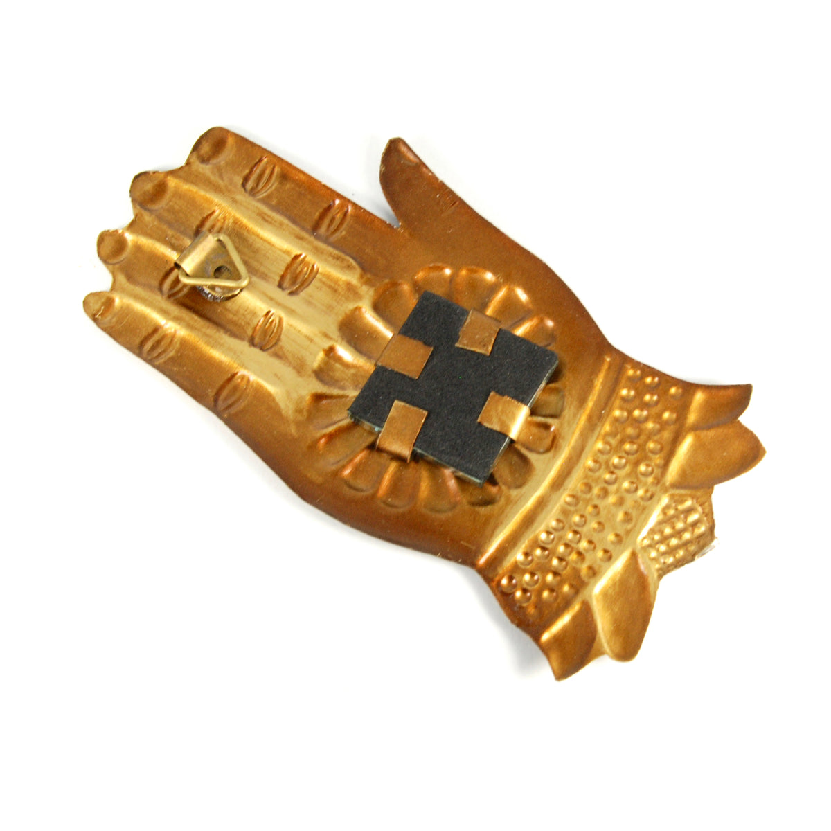 Reverse side of 5.5in Divine Hand milagro ornament with decorative floral detailing