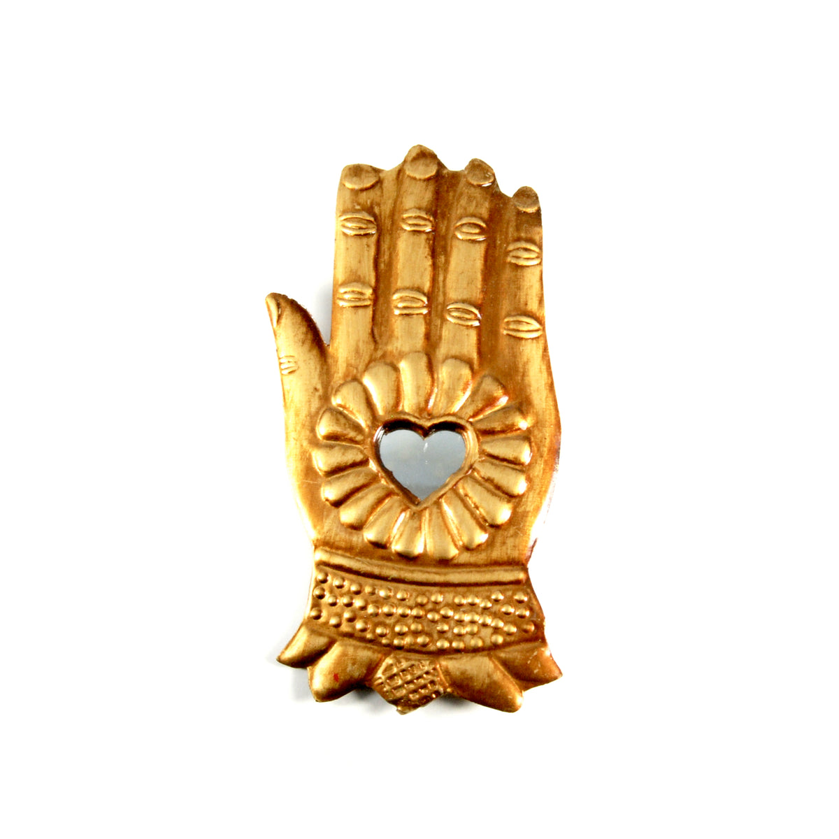 Divine Hand ex voto milagro 5.5in with heart-shaped mirror, ornate floral details and antiqued gold finish