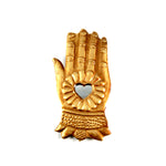 Divine Hand ex voto milagro 5.5in with heart-shaped mirror, ornate floral details and antiqued gold finish