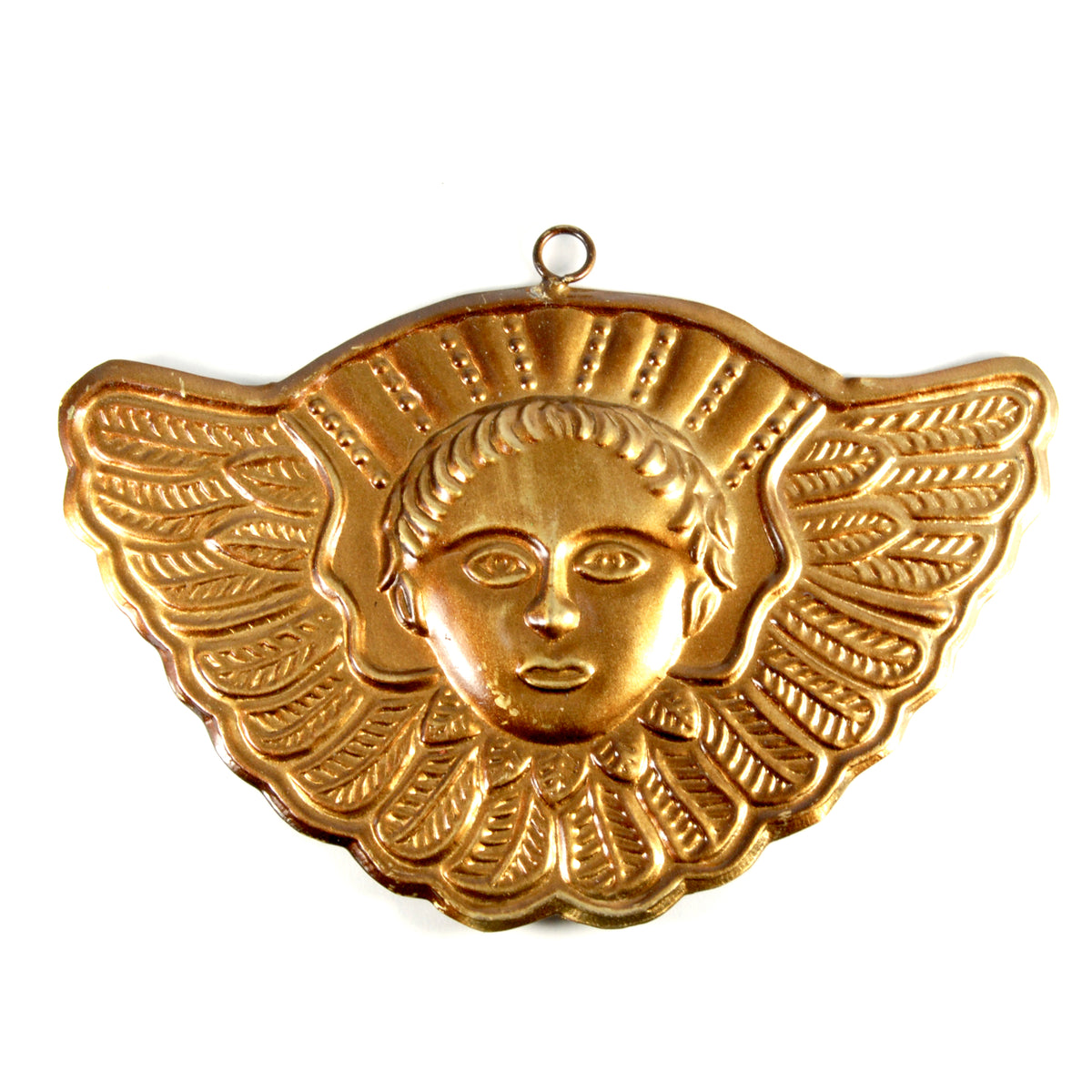 Ornate antiqued gold Seraphim angel milagro featuring graceful wings and traditional religious folk art design