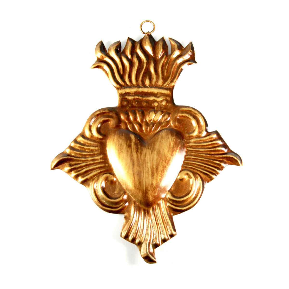 Ornate Sacred Heart of Jesus flaming heart ornament inspired by traditional Catholic devotional folk art