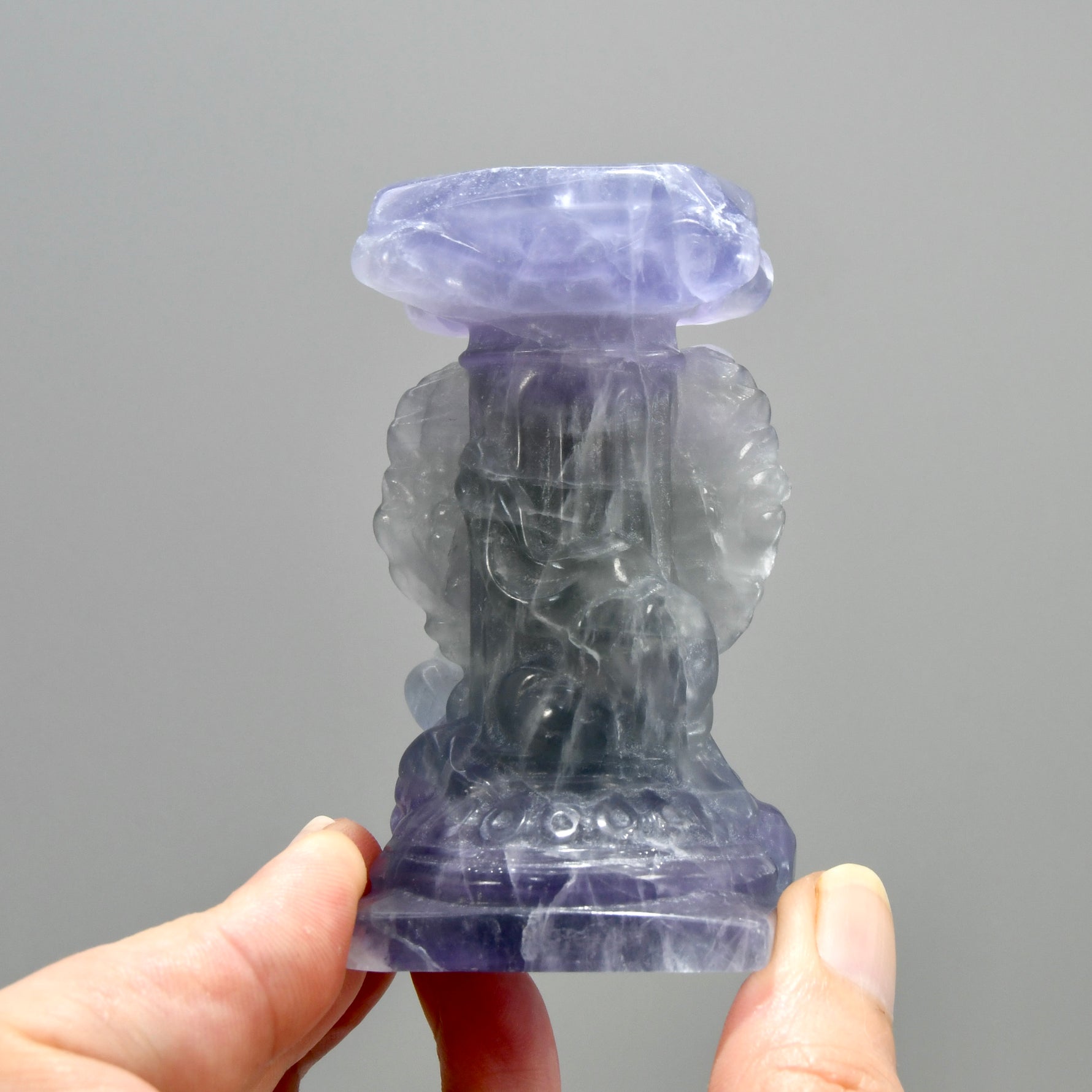 Purple Fluorite Carved Crystal Angel Sphere Stand
