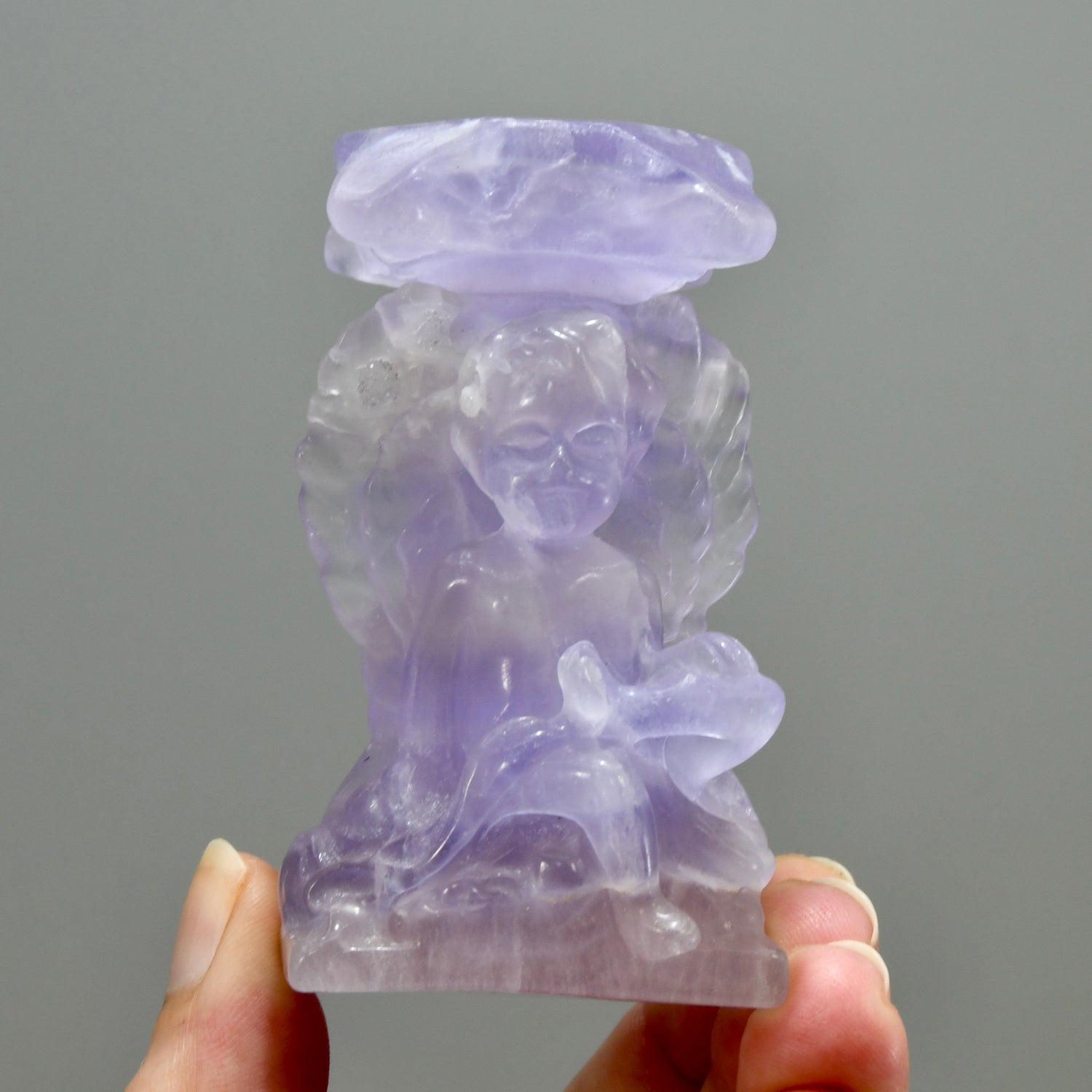 Purple Fluorite Carved Crystal Angel Sphere Stand