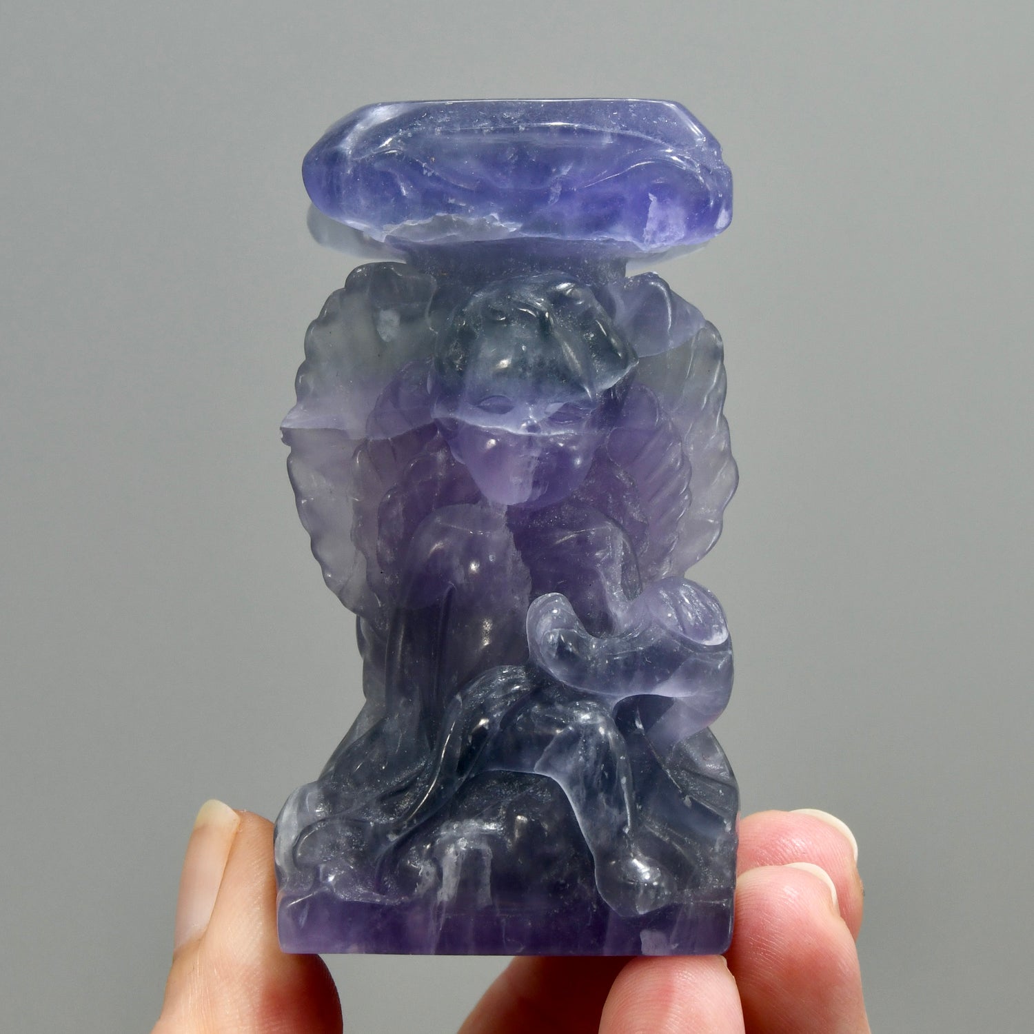 Purple Fluorite Carved Crystal Angel Sphere Stand